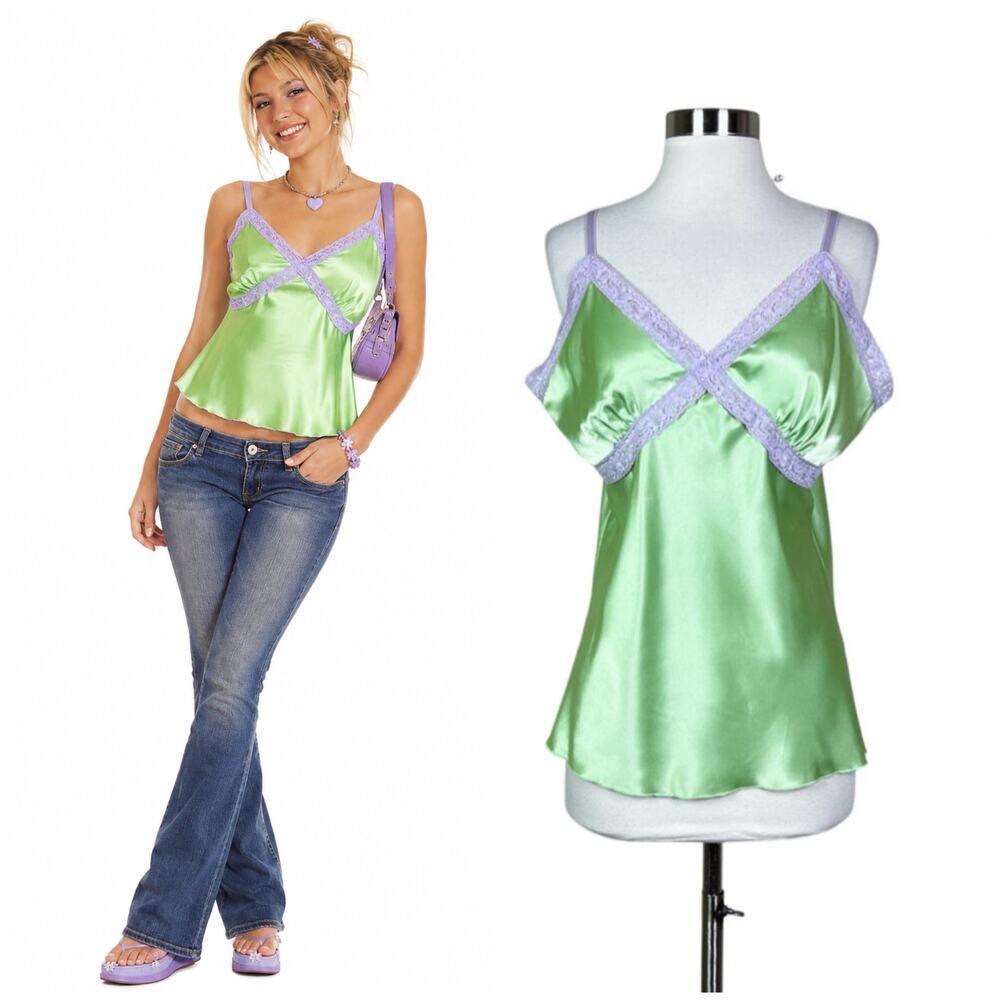 NEW Vintage | Y2K Deadstock EK Designs Lime Green Lavender Satin Cami Tank Top L